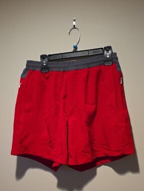 Men's Athletic Freeballers Red Shorts with Gray Waistband and Zip Pockets